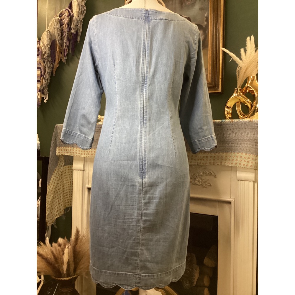 Talbots Petites Blue Chambray Cotton Scallop Hem Shift Dress 2P Light Wash - Picture 3 of 5